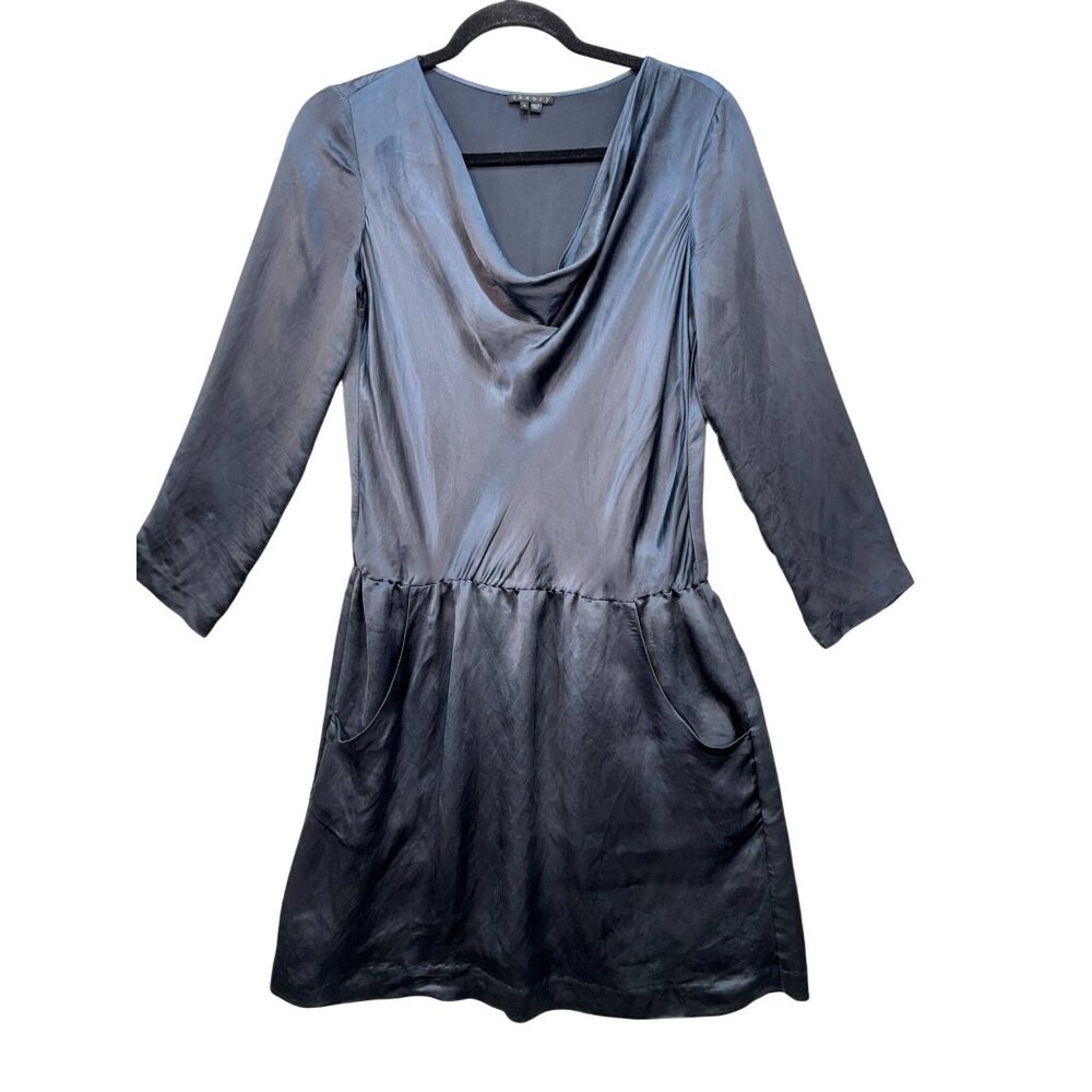 Vintage Theory Womens Cowl Neck Satin Mini Dress Size 4 Slate Gray 3/4 Sleeve